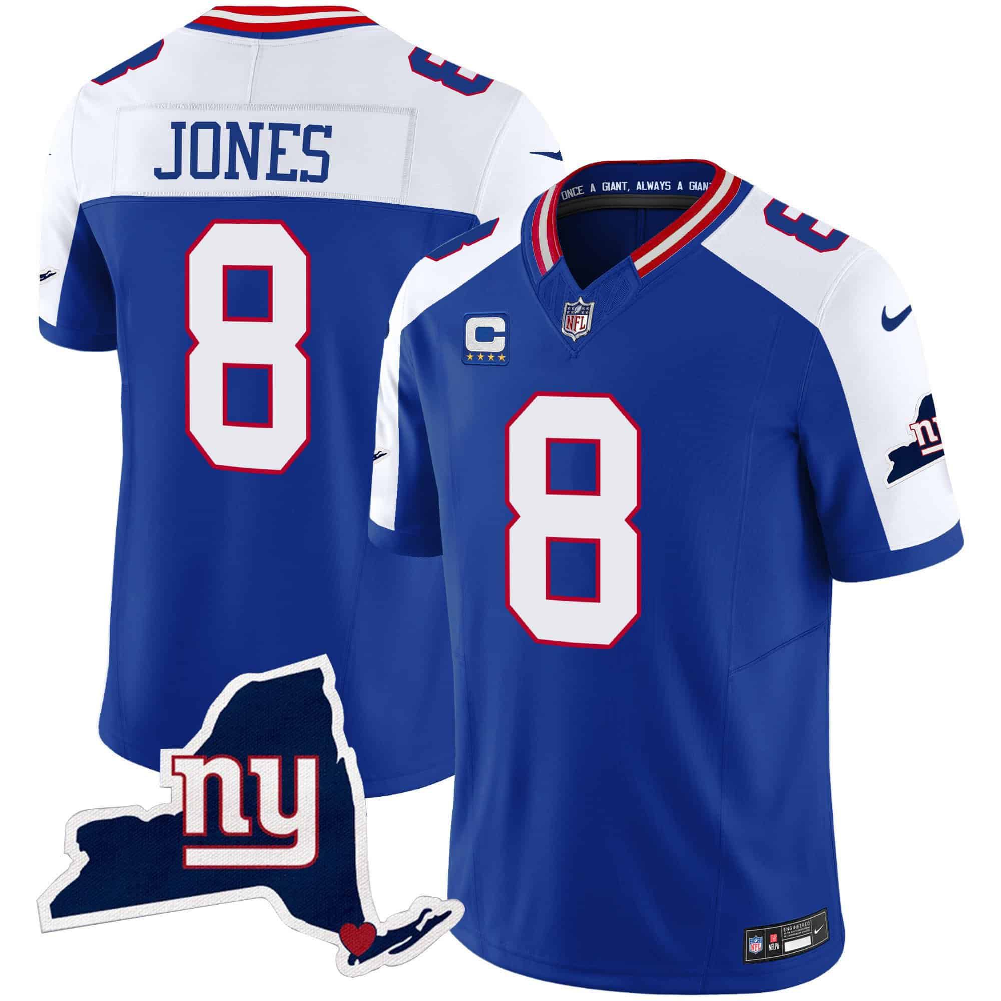 Men New York Giants #8 Jones Blue 2024 Nike Map Patch Limited NFL Jersey